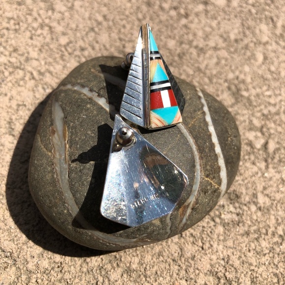Vintage Native American Zuni - Multi Stone Inlay Earrings ❤️ - Picture 5 of 8